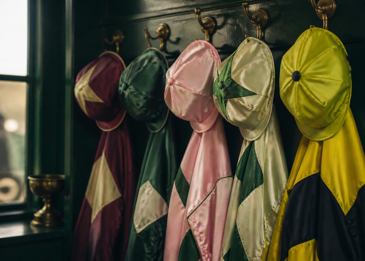 Jockey silks hanging in a weighing room